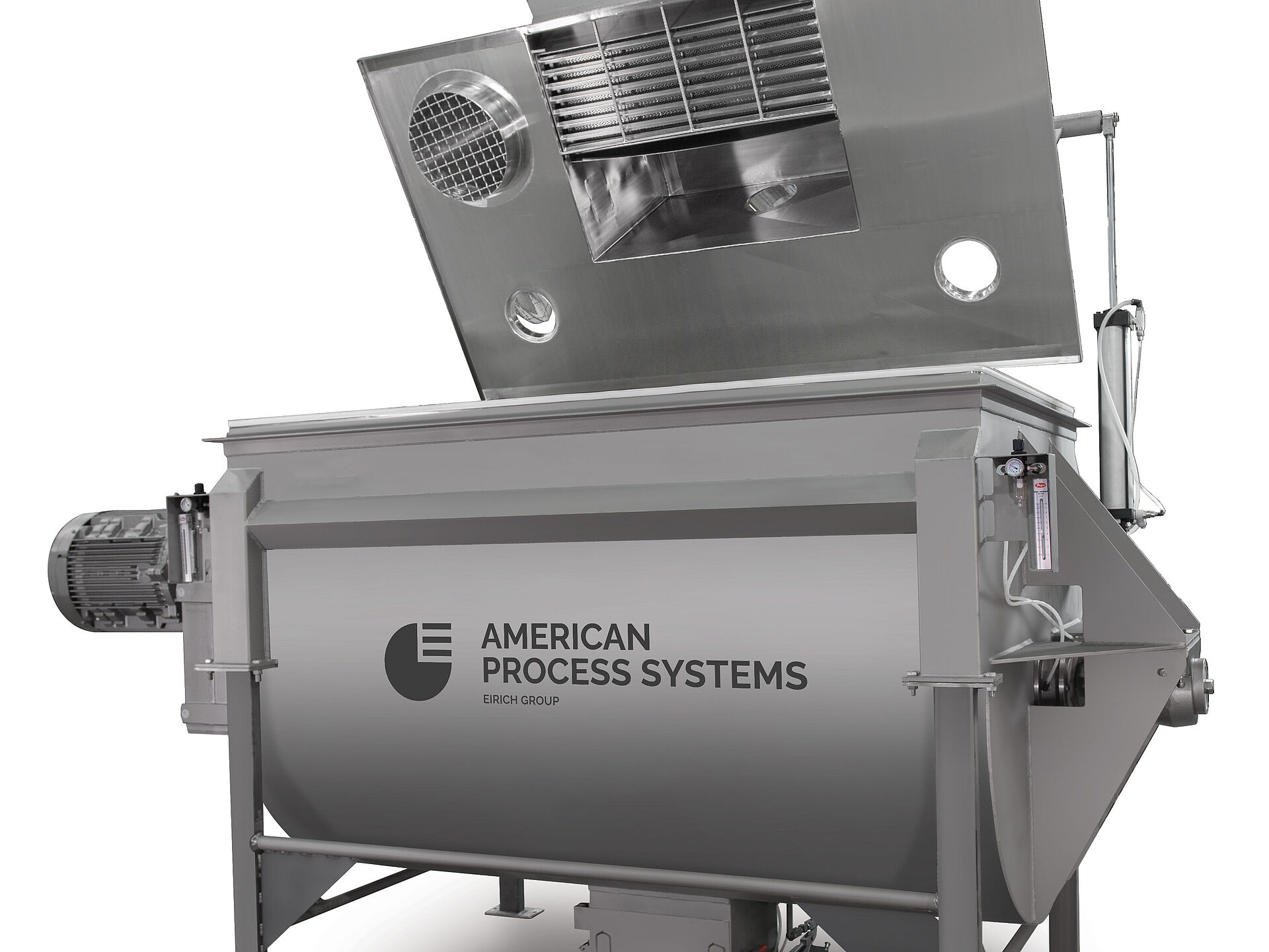 APS ribbon blender with pneumatically actuated cover and bulk bag inlet port APS ribbon blender with open cover, bag dump station and bar grating